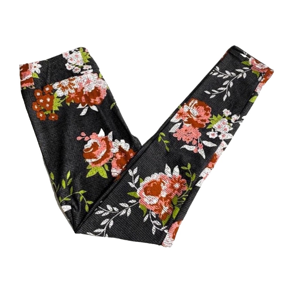 LuLaRoe Girls Leggings Size L/XL Dark Gray Pink Floral Roses Sizes 8-14‎ NWT
